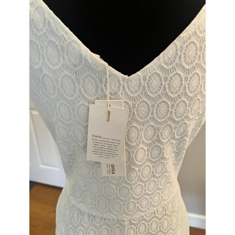 NWT Retro Lace Swing Dress Ivory Bow Waist Boat Neck A Line Bridal Cocktail M - Picture 15 of 17